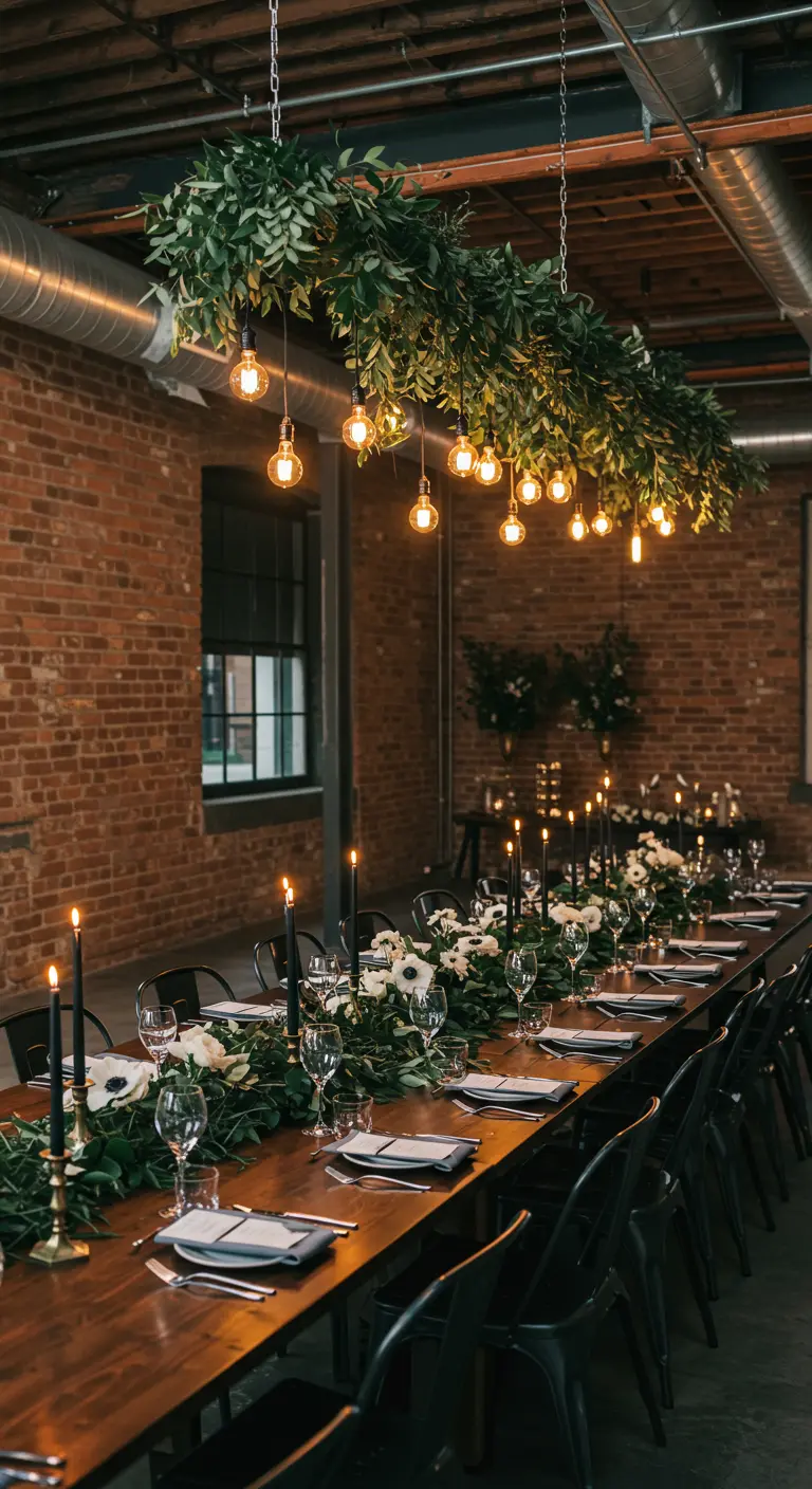 Table de dîner industrielle avec chemin de table végétal, bougies noires et suspension lumineuse.