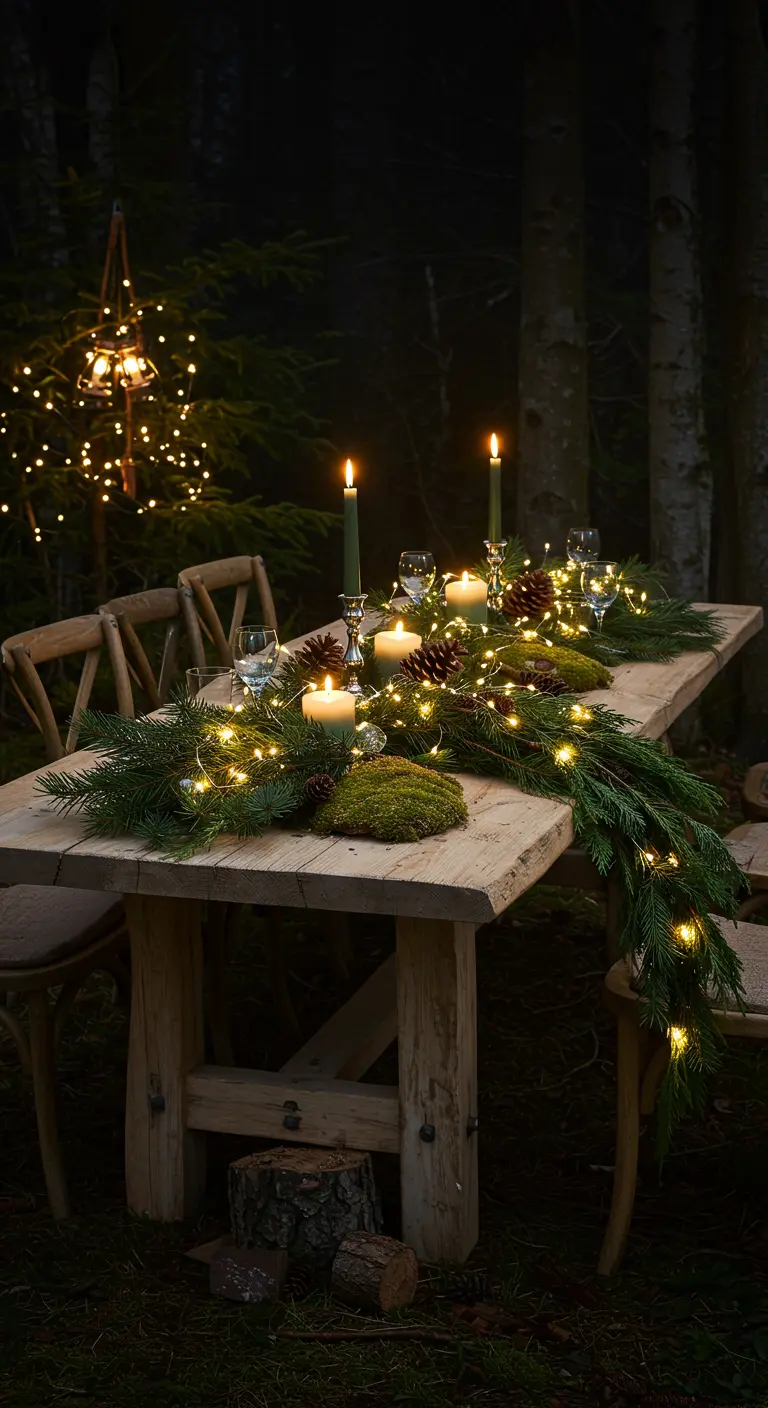Table en bois dans la forêt avec un chemin de table de verdure, lumières et bougies.