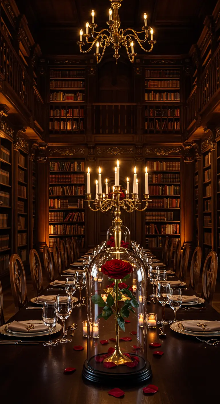 Longue table de dîner dans une bibliothèque, rose sous cloche au premier plan.