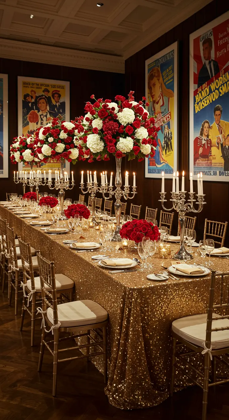 Table de dîner glamour avec nappe dorée et affiches de films rétro au mur.