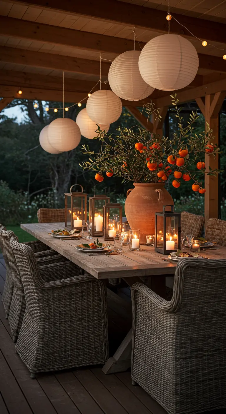 Table d'extérieur sous une pergola avec des lampions en papier et des branches d'oranger en centre de table.