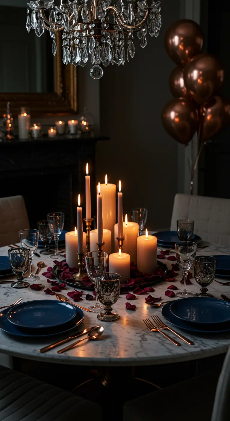 Table de dîner romantique éclairée par de nombreuses bougies, avec des assiettes bleues.