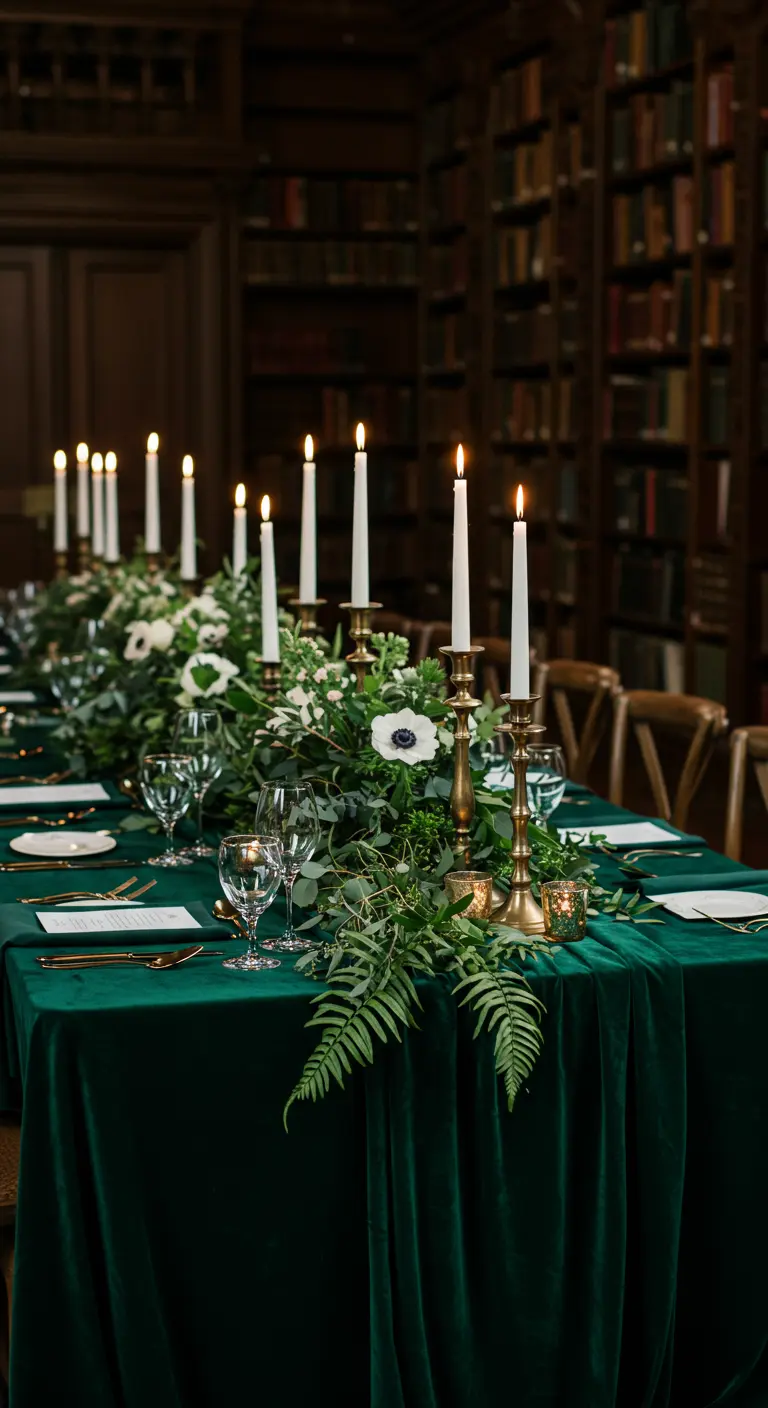 Table avec nappe en velours vert, chandeliers en laiton, et guirlande de feuillage et fleurs blanches.