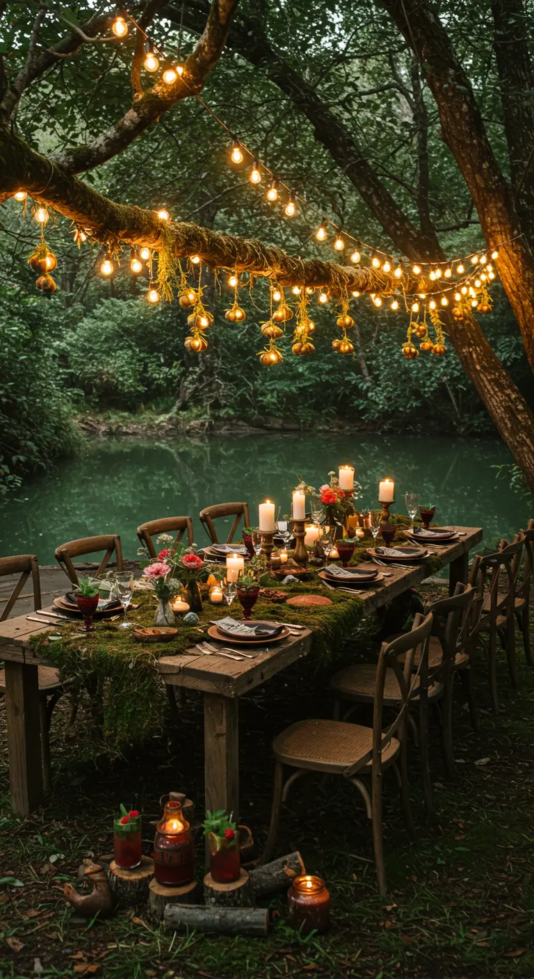 Table en bois dans une forêt sombre, décorée de mousse et de nombreuses bougies.