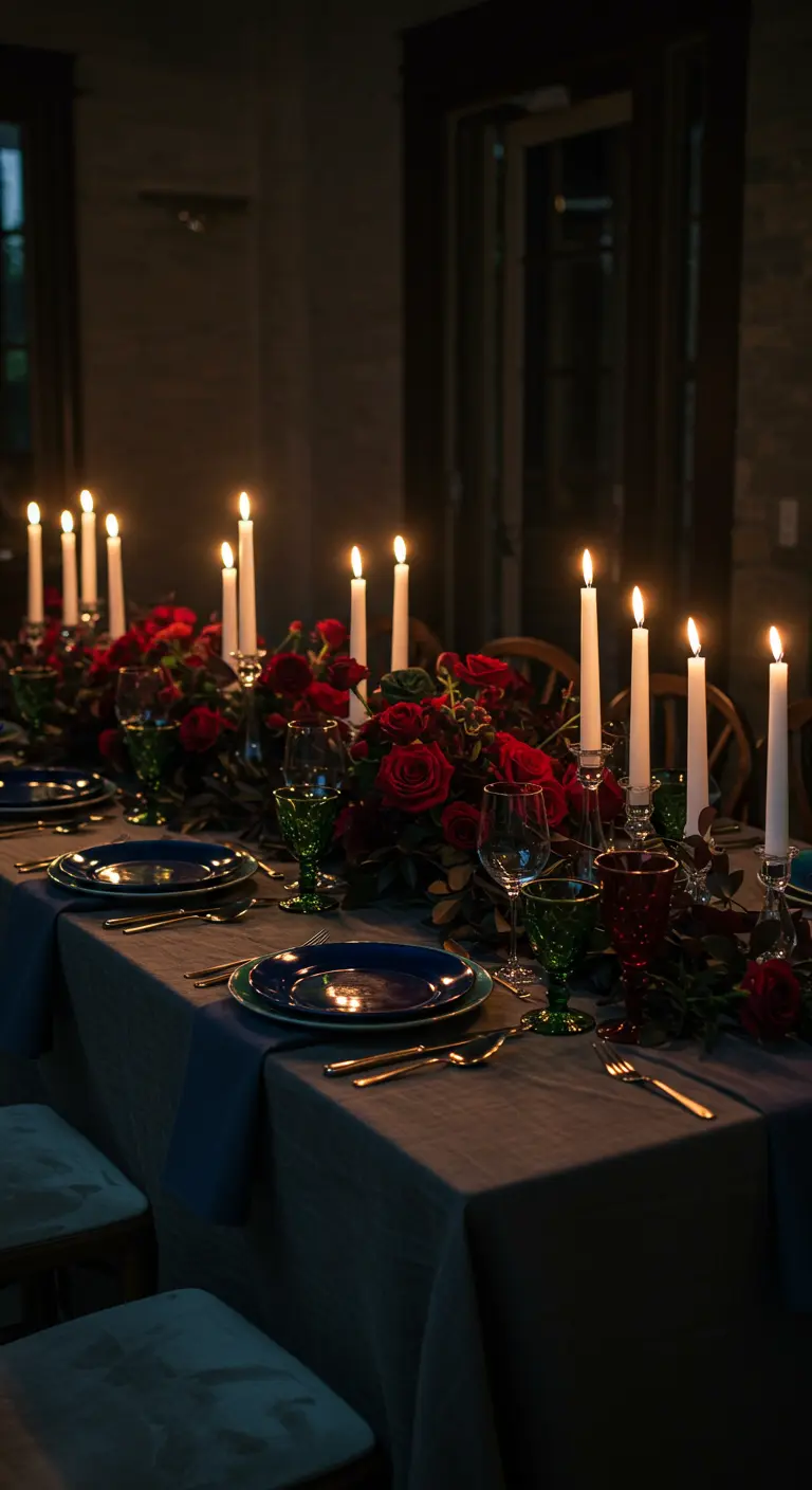 Table de dîner tamisée, éclairée à la bougie, avec vaisselle sombre et roses rouges.