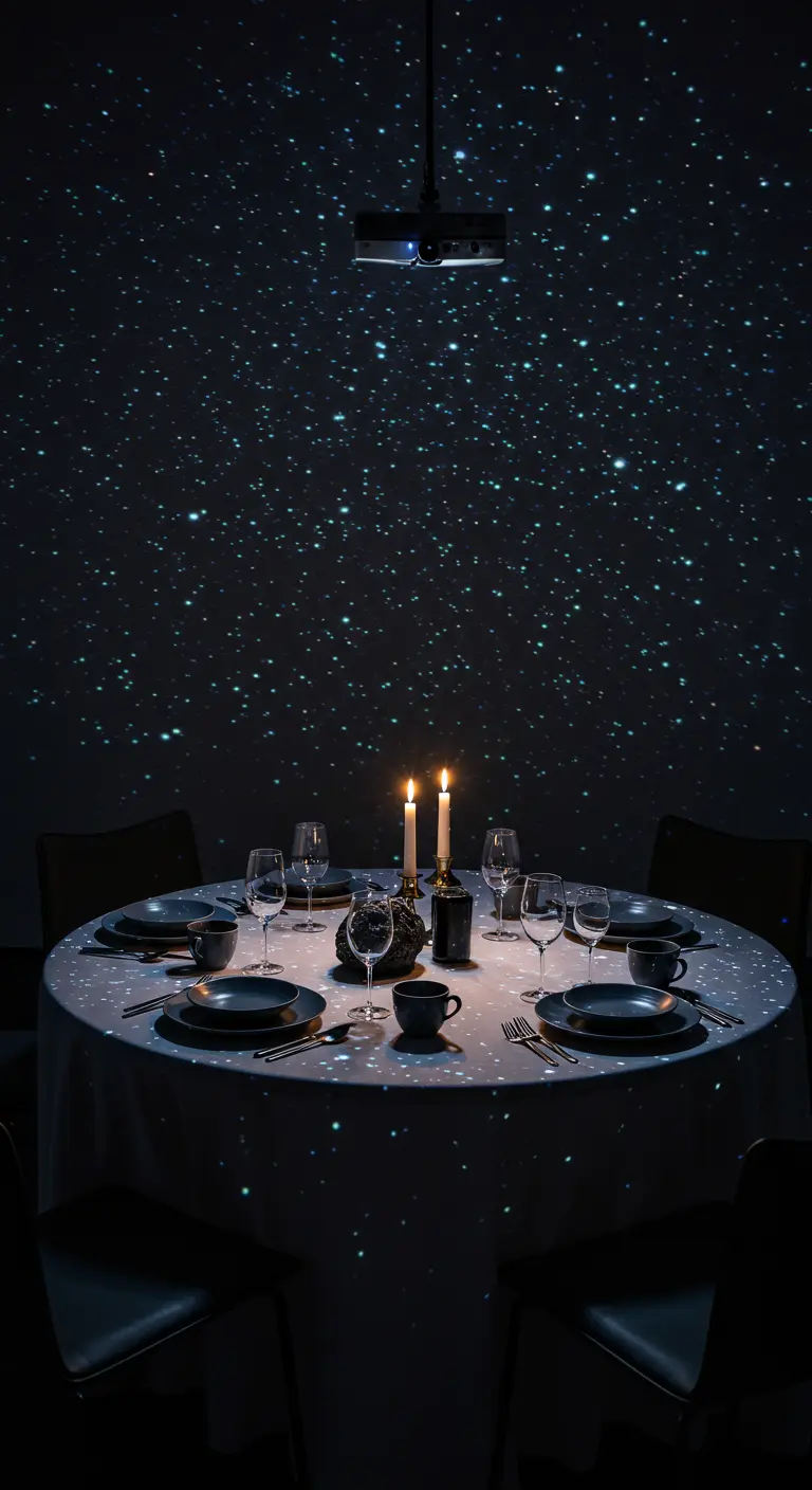 Table ronde dans le noir, illuminée par une projection d'étoiles bleues sur la nappe et le mur.