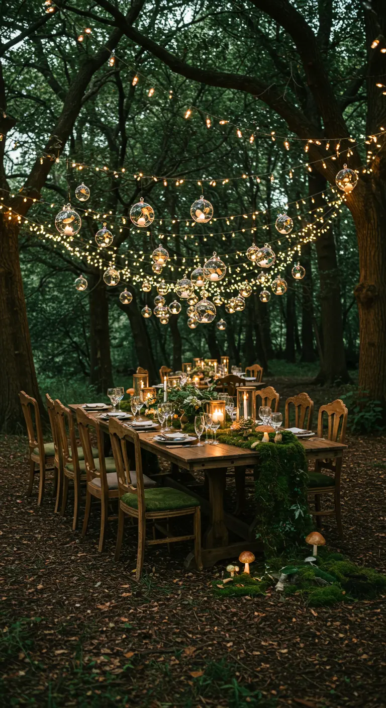Table de banquet en forêt sous des guirlandes lumineuses et des globes de verre suspendus.