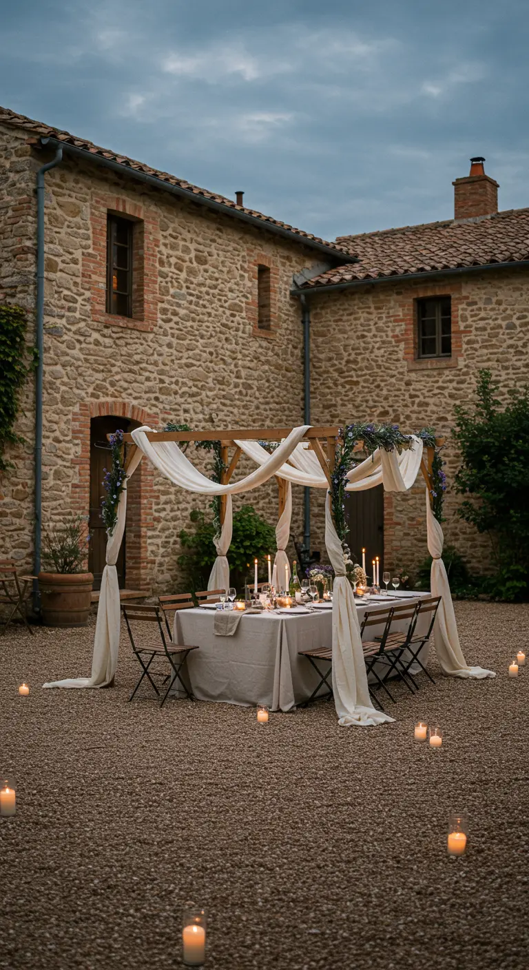 Dîner romantique sous une structure en bois drapée de voilages et éclairée aux bougies.