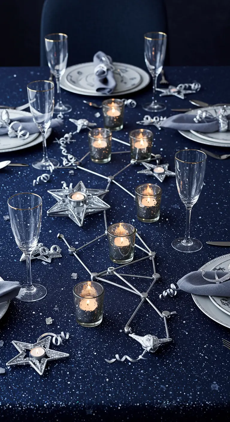 Table de fête étoilée avec nappe pailletée et bougeoirs constellations.