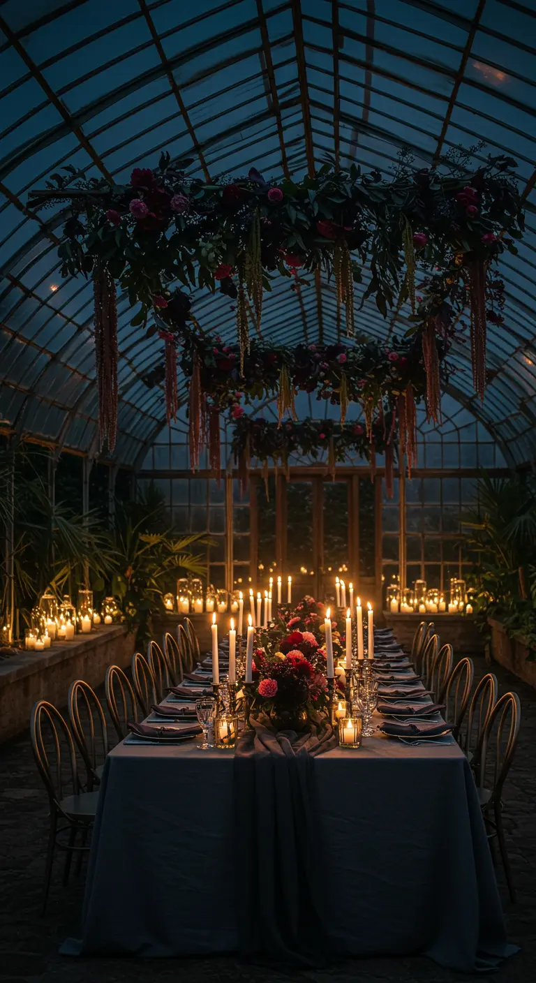 Table de dîner dans une serre la nuit, éclairée par des dizaines de bougies.