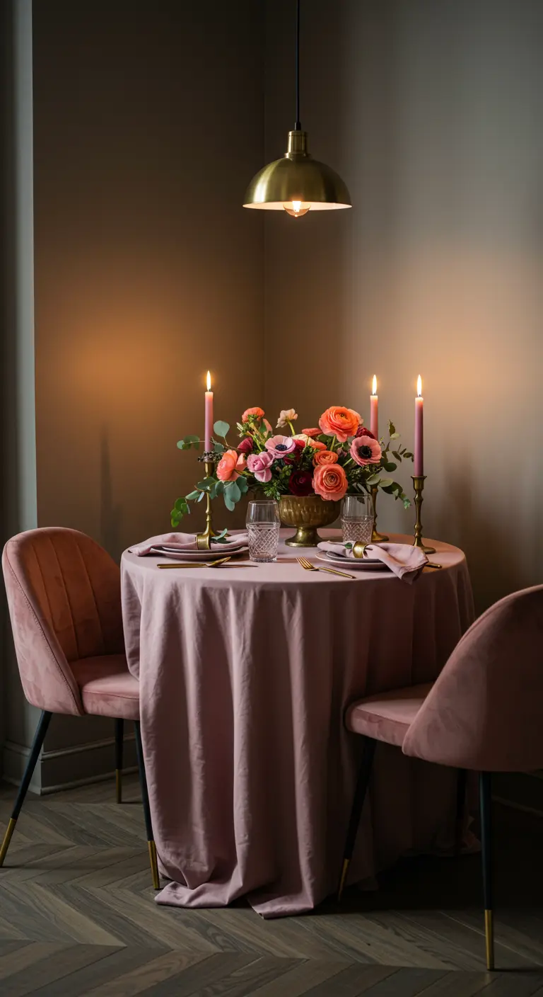 Table de dîner romantique pour deux avec une nappe en velours rose et des fleurs.