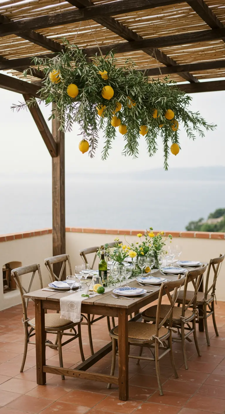 Branches d'olivier et citrons suspendus au-dessus d'une table en terrasse.