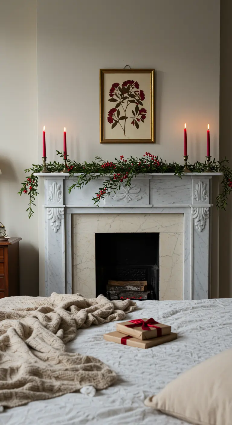 Cheminée en marbre dans une chambre, décorée d'une fine guirlande et de quatre bougies.