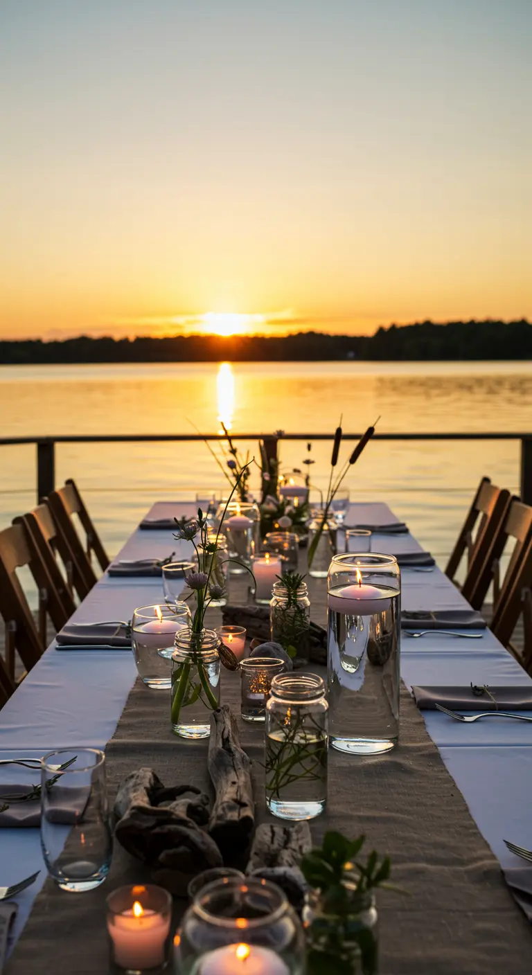 Centre de table avec bois flotté, vases remplis d'eau et bougies flottantes au bord d'un lac.