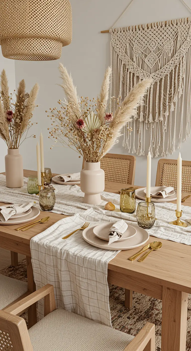 Table de style bohème avec chemin de table en lin et bouquets de fleurs séchées.