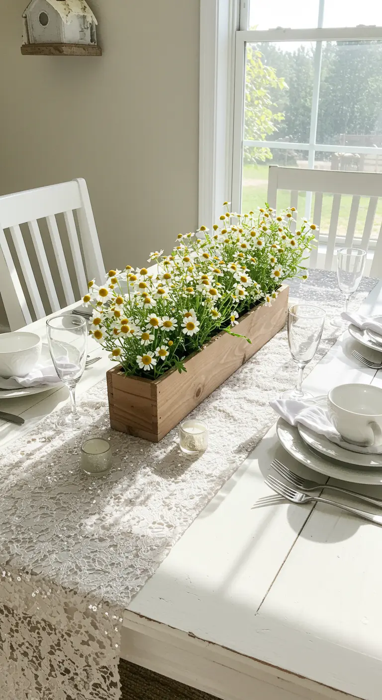 Table de style champêtre avec chemin de table en dentelle et jardinière de camomille.