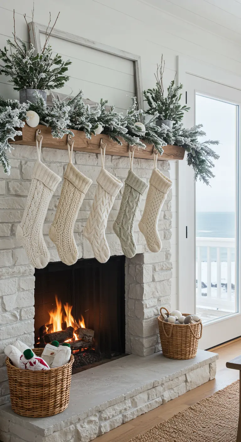 Cheminée en briques claires avec chaussettes tricotées dans les tons crème et sauge.