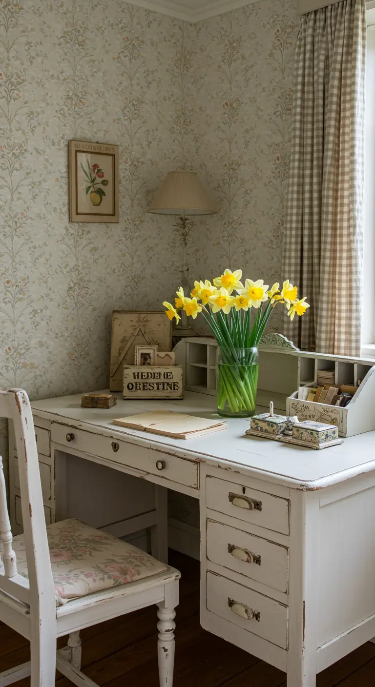 Bureau blanc vieilli de style shabby chic avec un vase de jonquilles jaunes.
