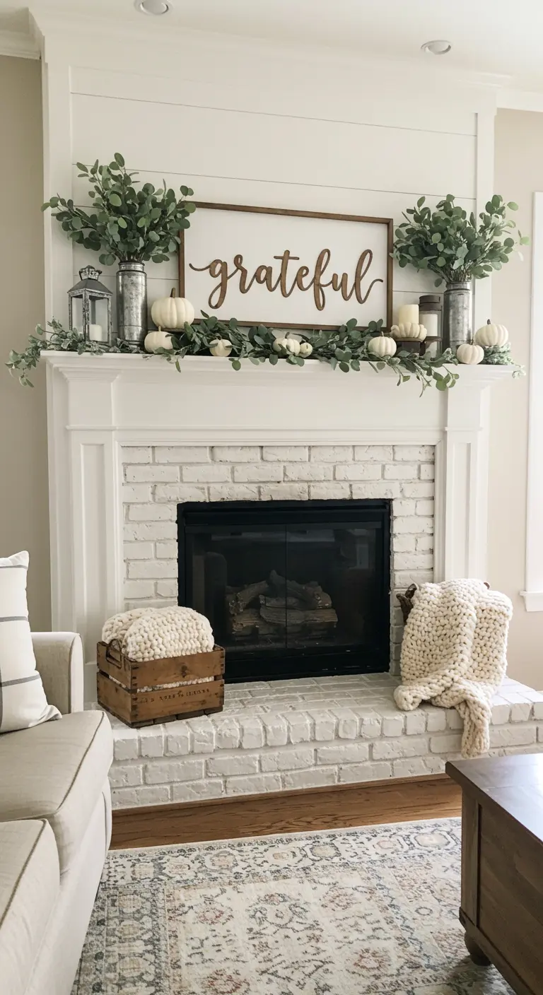 Cheminée blanche de style farmhouse avec citrouilles blanches, eucalyptus et un panneau 'grateful'.