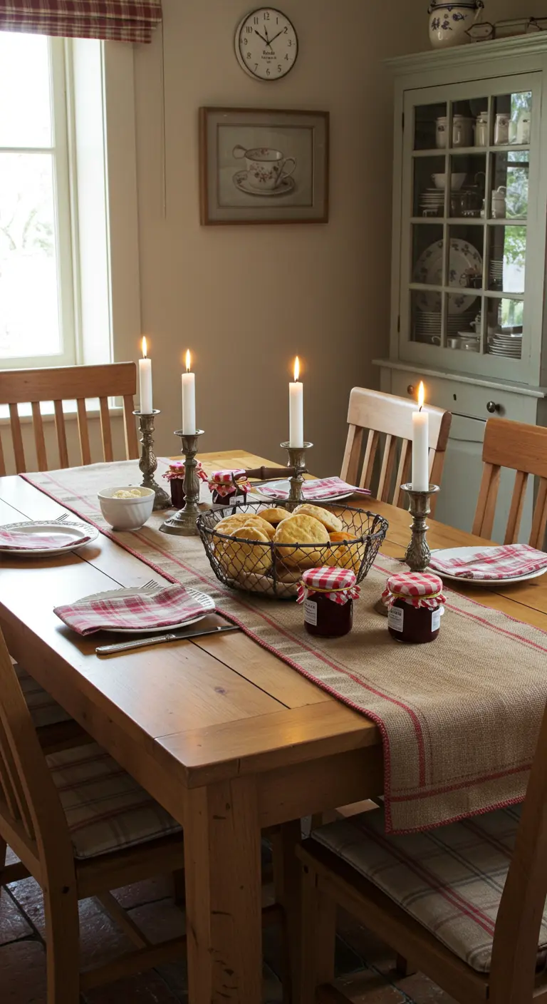 Table de campagne avec des serviettes à carreaux, des bougies et des pots de confiture.