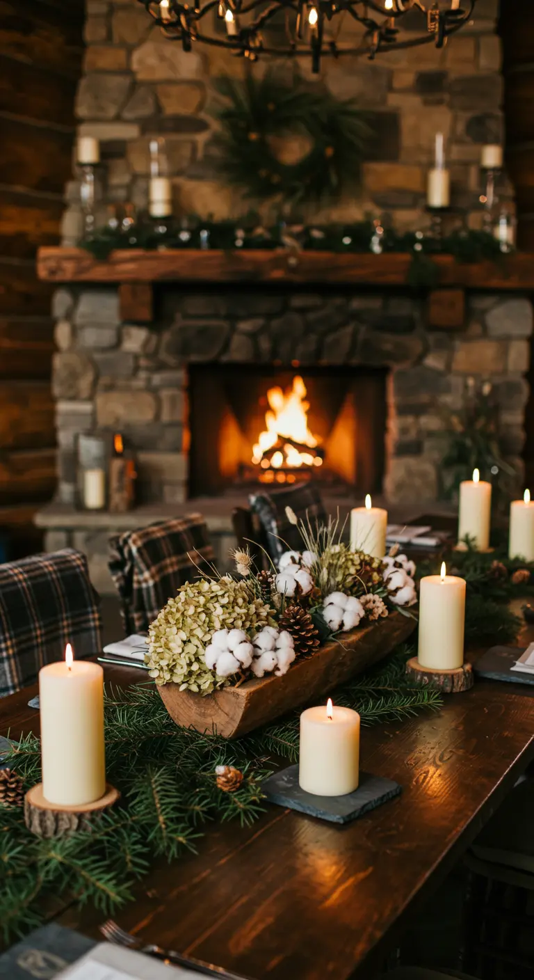 Centre de table hivernal avec fleurs de coton et bougies dans un décor de chalet.