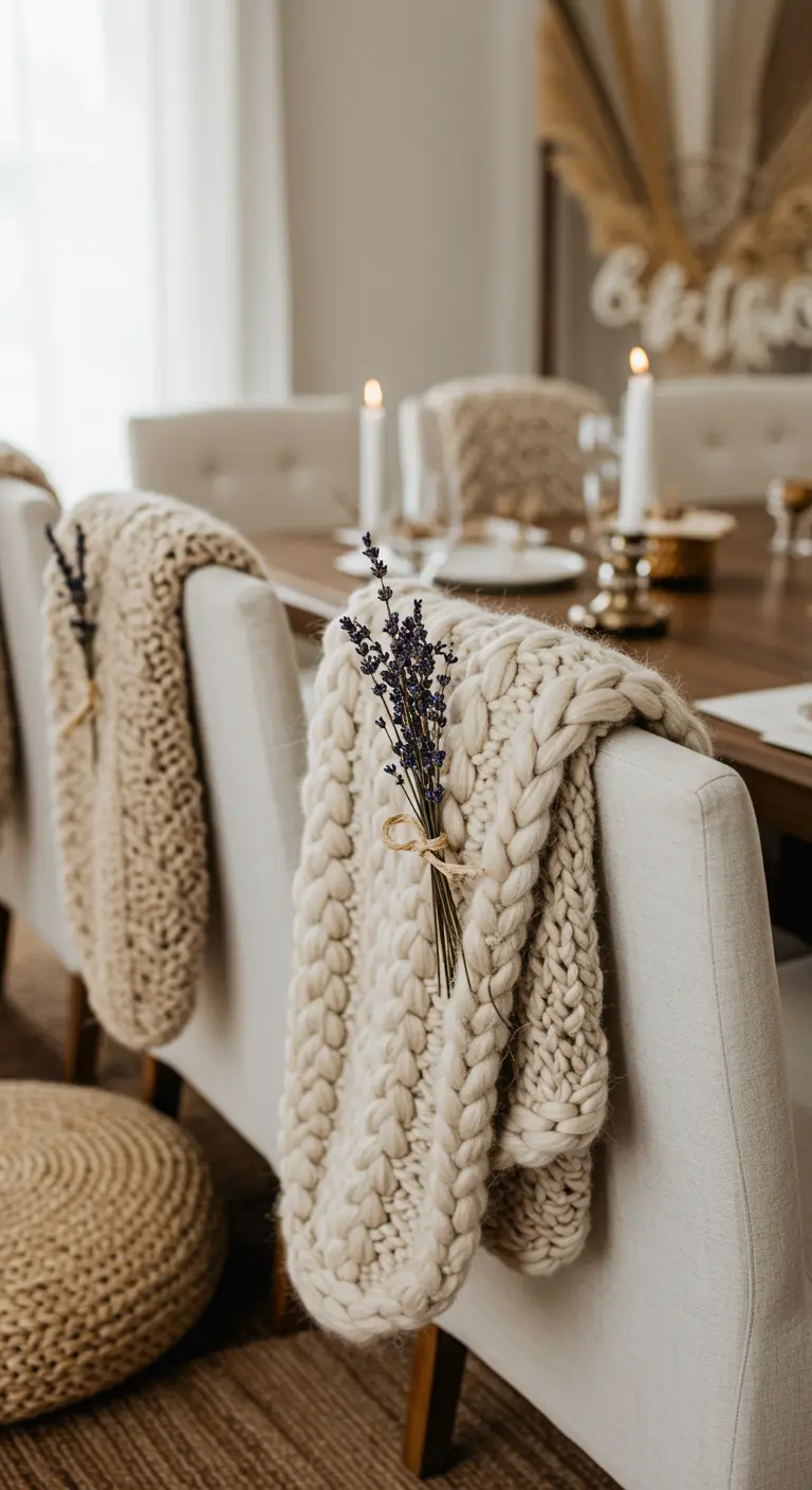 Chaise rembourrée avec une couverture en grosse maille et un bouquet de lavande.