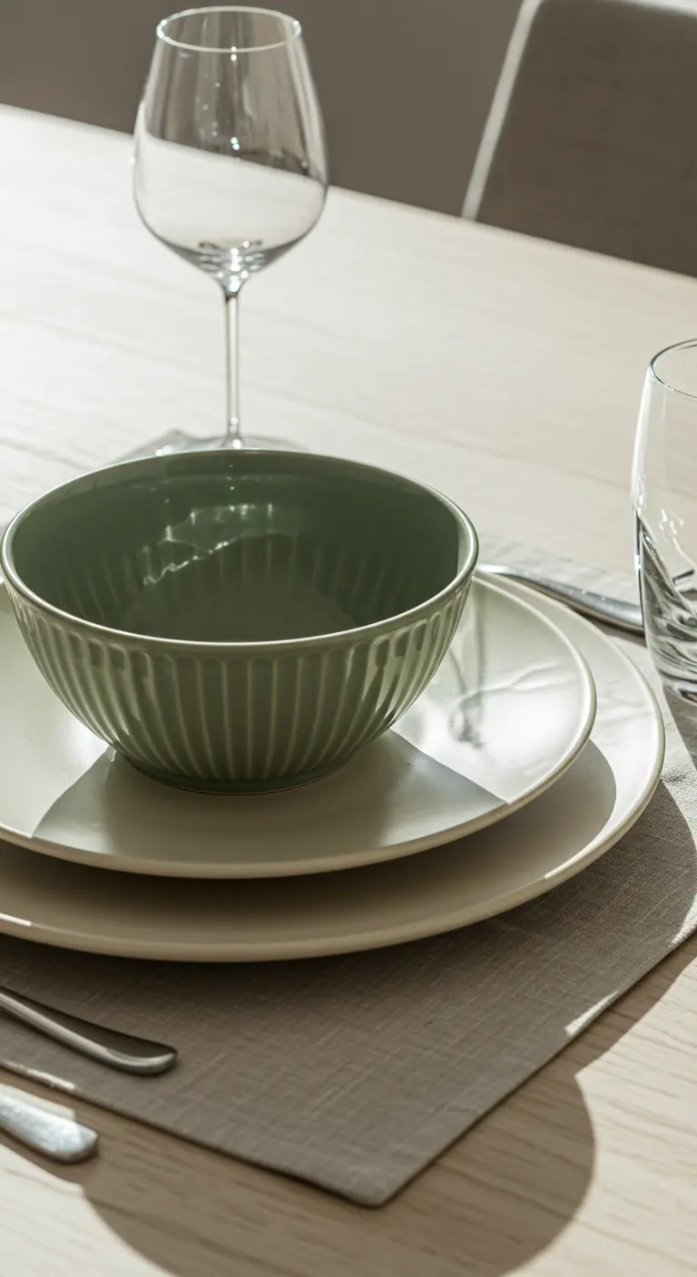 Bol vert sauge sur des assiettes blanches baignées de lumière naturelle.