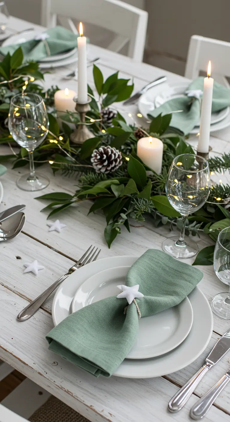 Table en bois blanc avec une guirlande de feuilles vertes et des serviettes vert sauge.