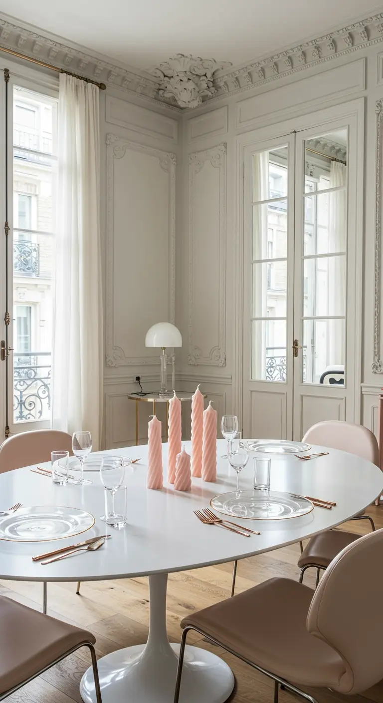 Table ovale blanche dans un appartement haussmannien, avec des bougies torsadées roses.