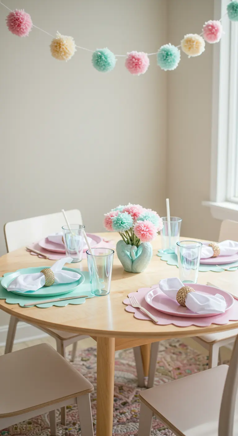 Table ronde décorée dans des tons pastel avec une guirlande de pompons.