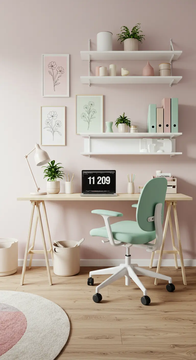 Bureau rose poudré avec chaise vert d'eau, étagères blanches et cadres botaniques.