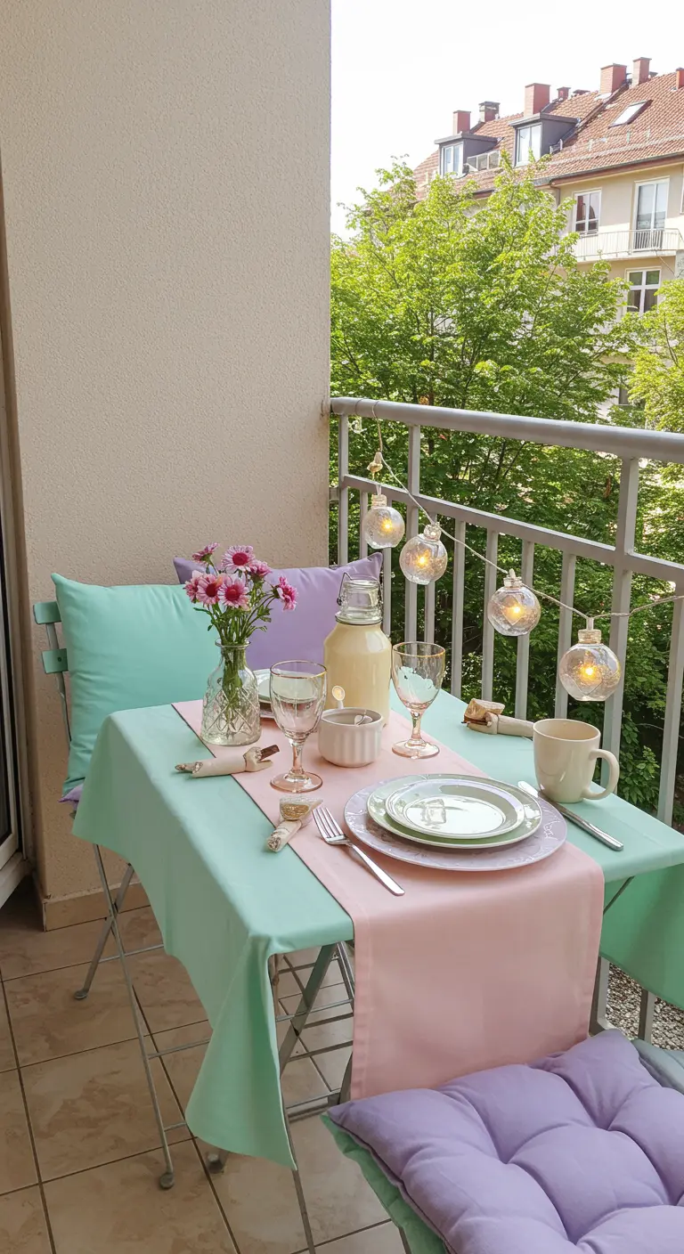 Petite table de balcon dressée avec des couleurs pastel : vert menthe, rose et lavande