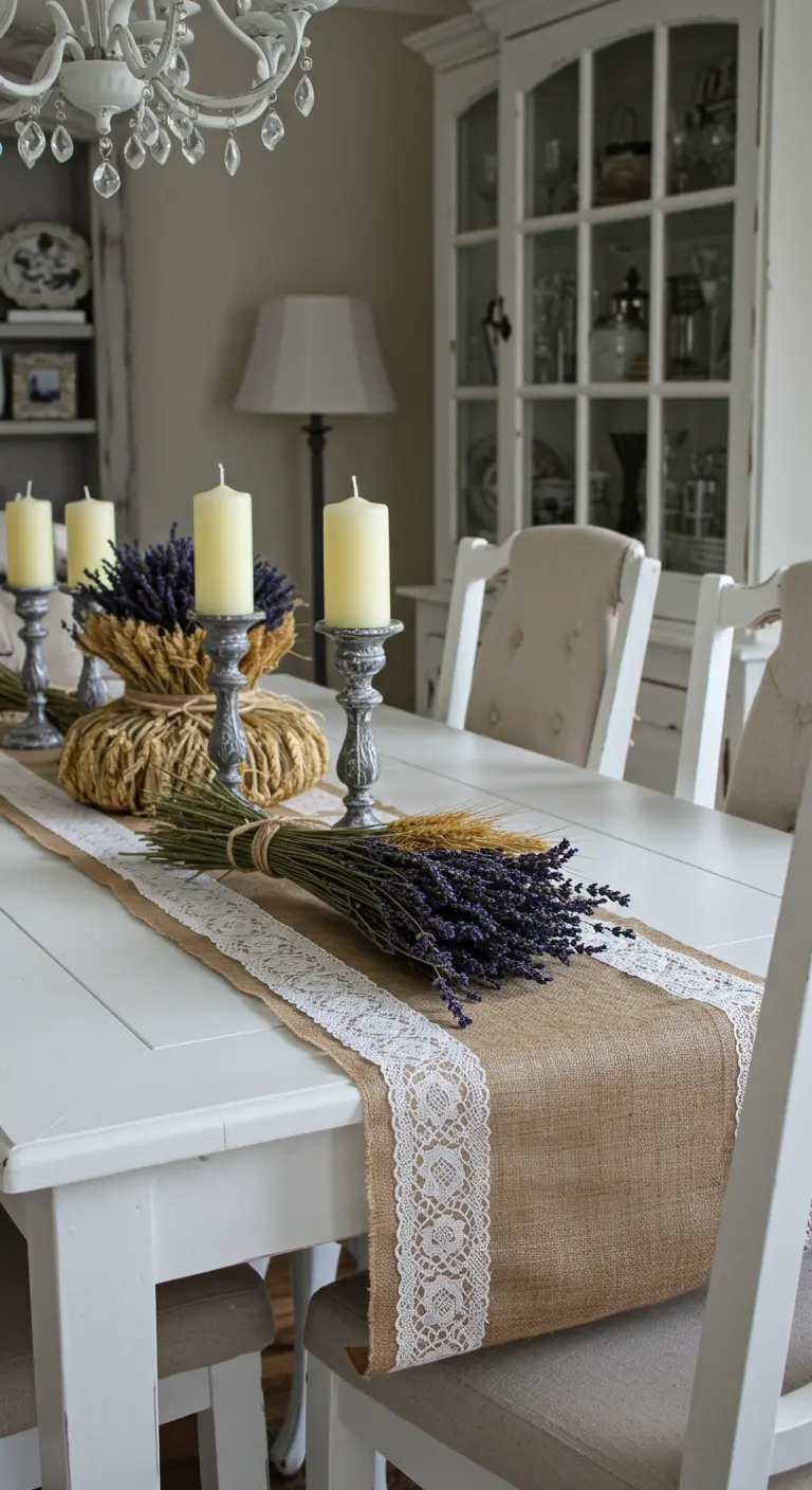Table blanche avec chemin de table en toile de jute et dentelle, décoré de lavande.