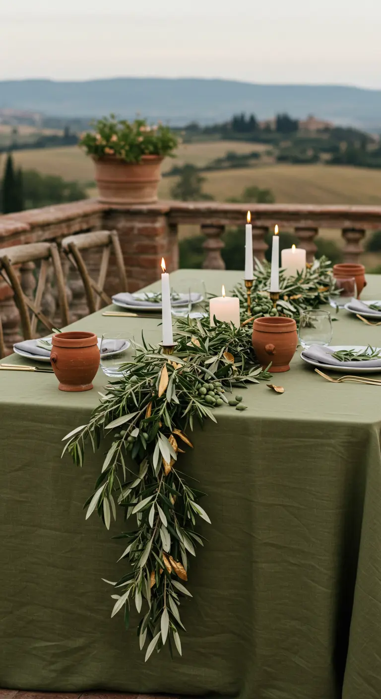 Table en terrasse avec vue sur la Toscane, nappe verte et branches d'olivier.