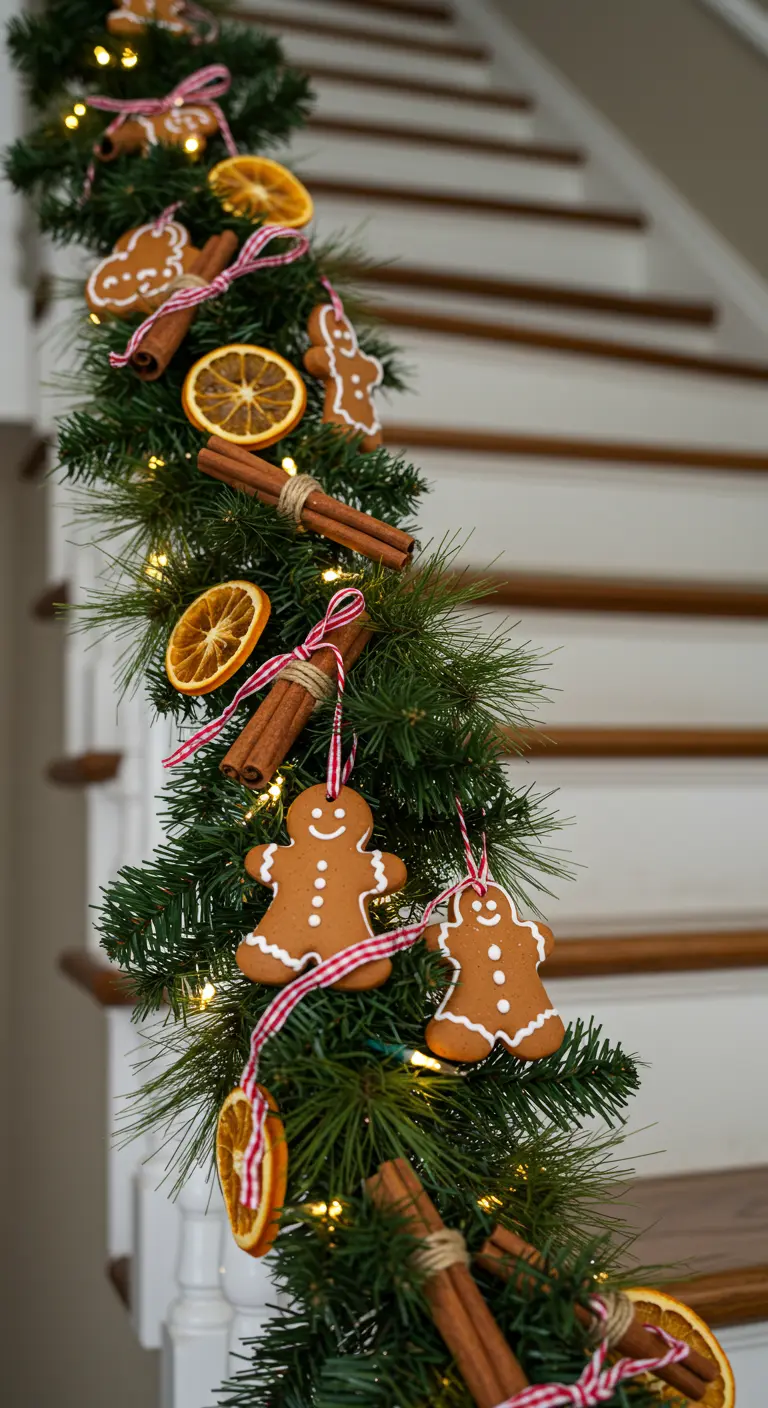 Guirlande de Noël décorée de bonshommes en pain d'épices, de cannelle et d'oranges séchées.