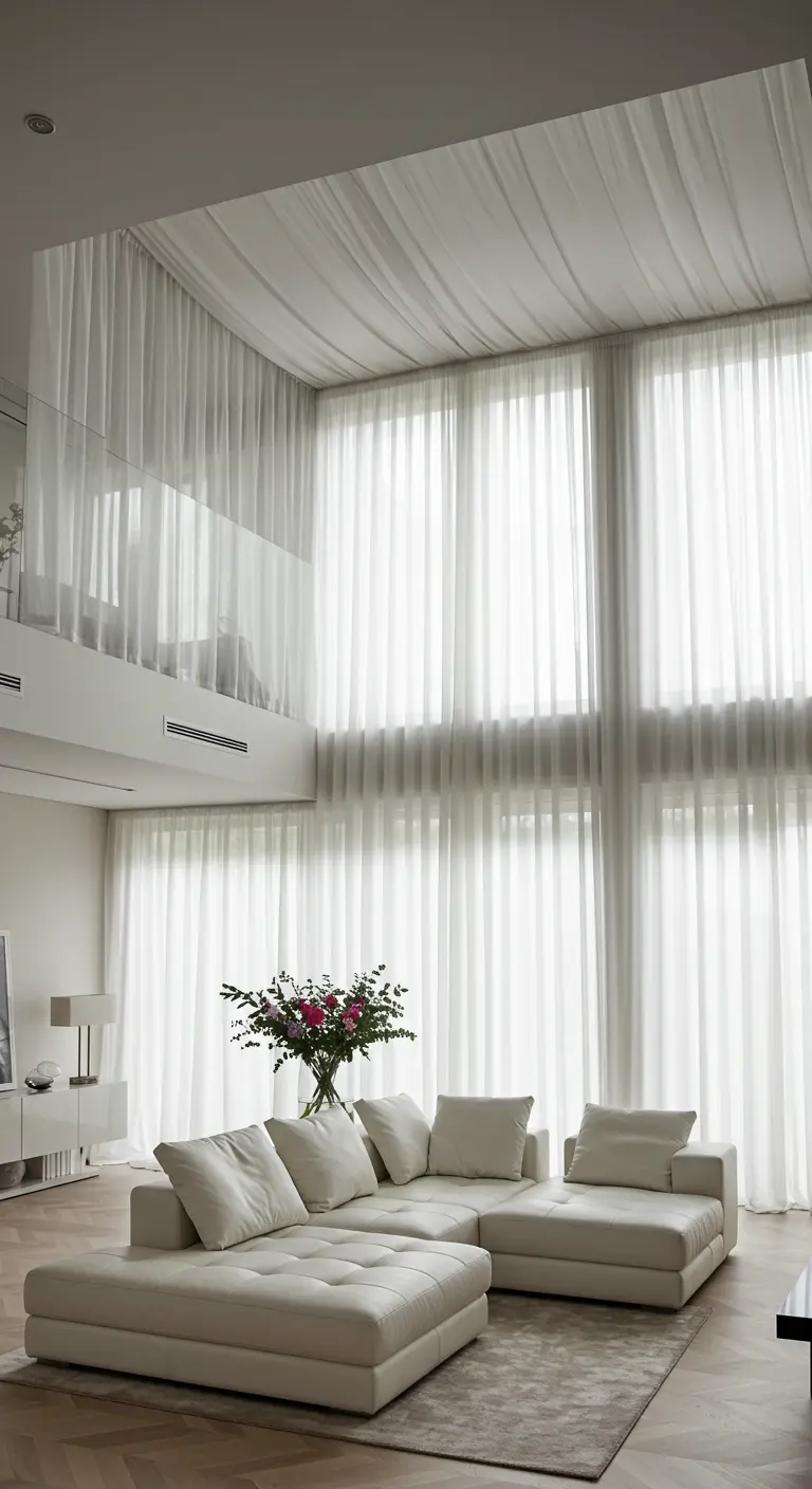 Salon en duplex avec des rideaux blancs allant du sol au plafond