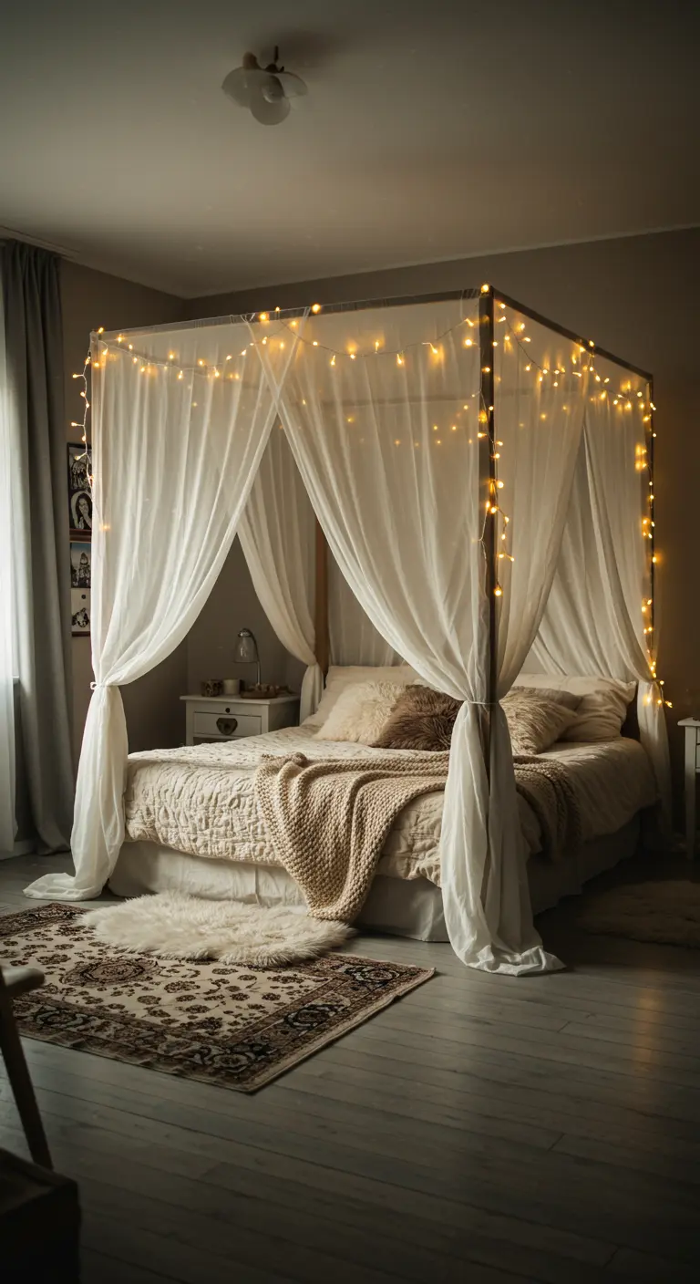 Lit à baldaquin drapé de voilages blancs et de nombreuses guirlandes lumineuses scintillantes.