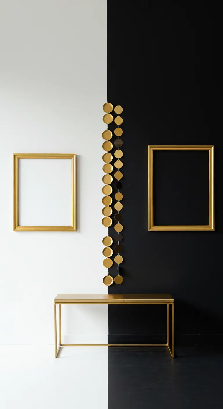 Décor minimaliste avec un mur bicolore noir et blanc, console et cadres dorés.