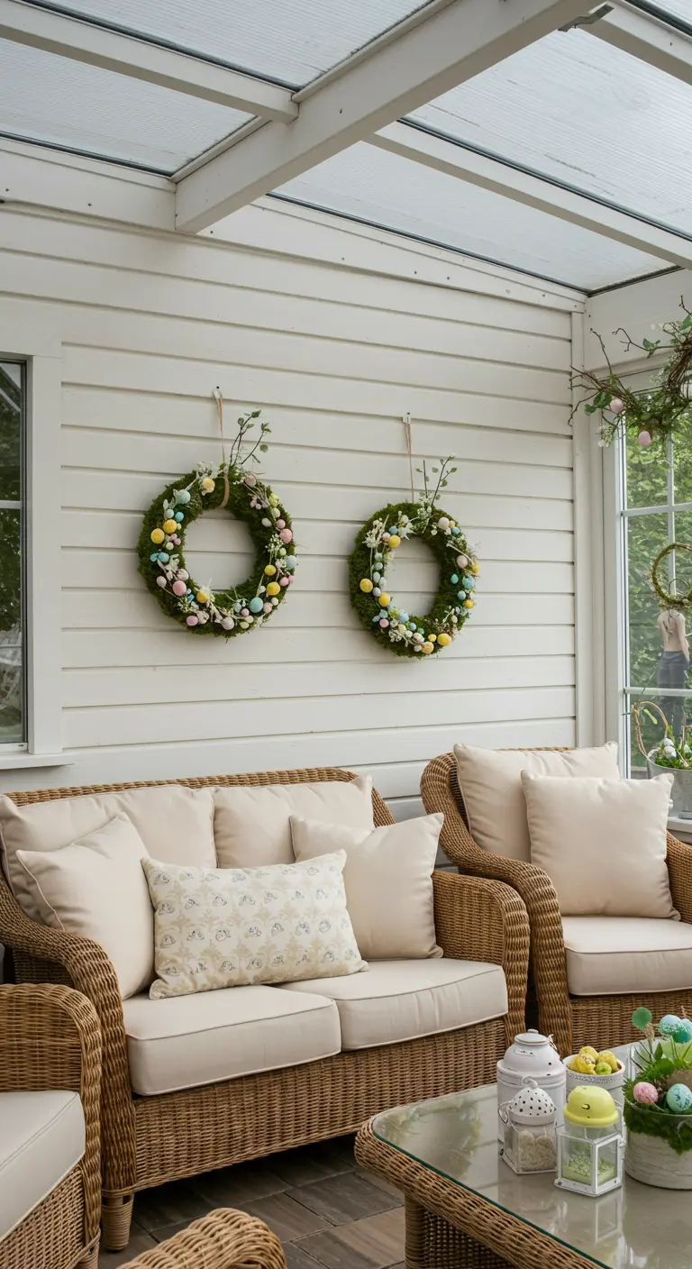 Deux couronnes de Pâques en mousse avec des petits œufs colorés sur un mur de véranda.