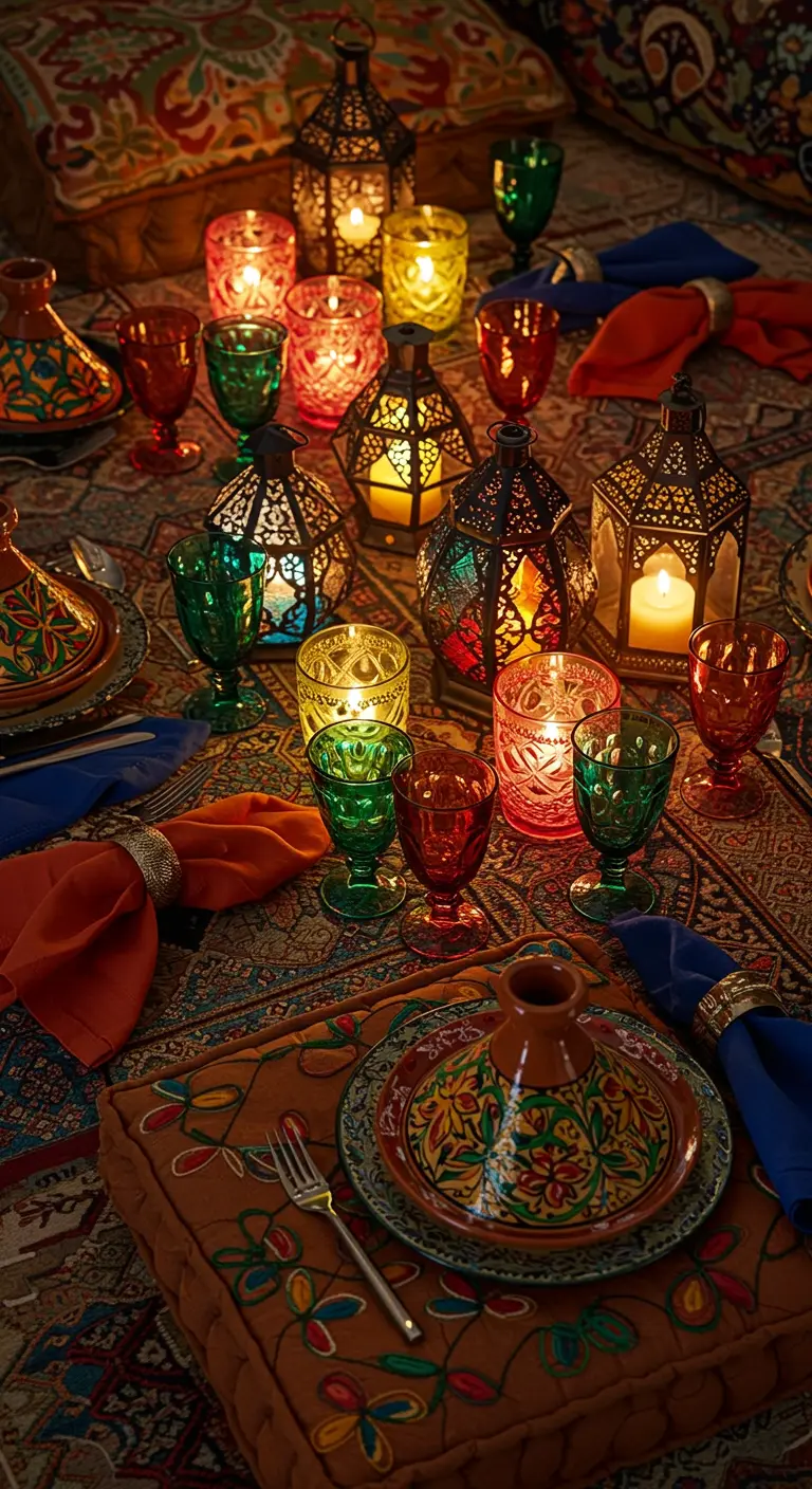 Ambiance marocaine avec lanternes colorées, coussins au sol et tajines.