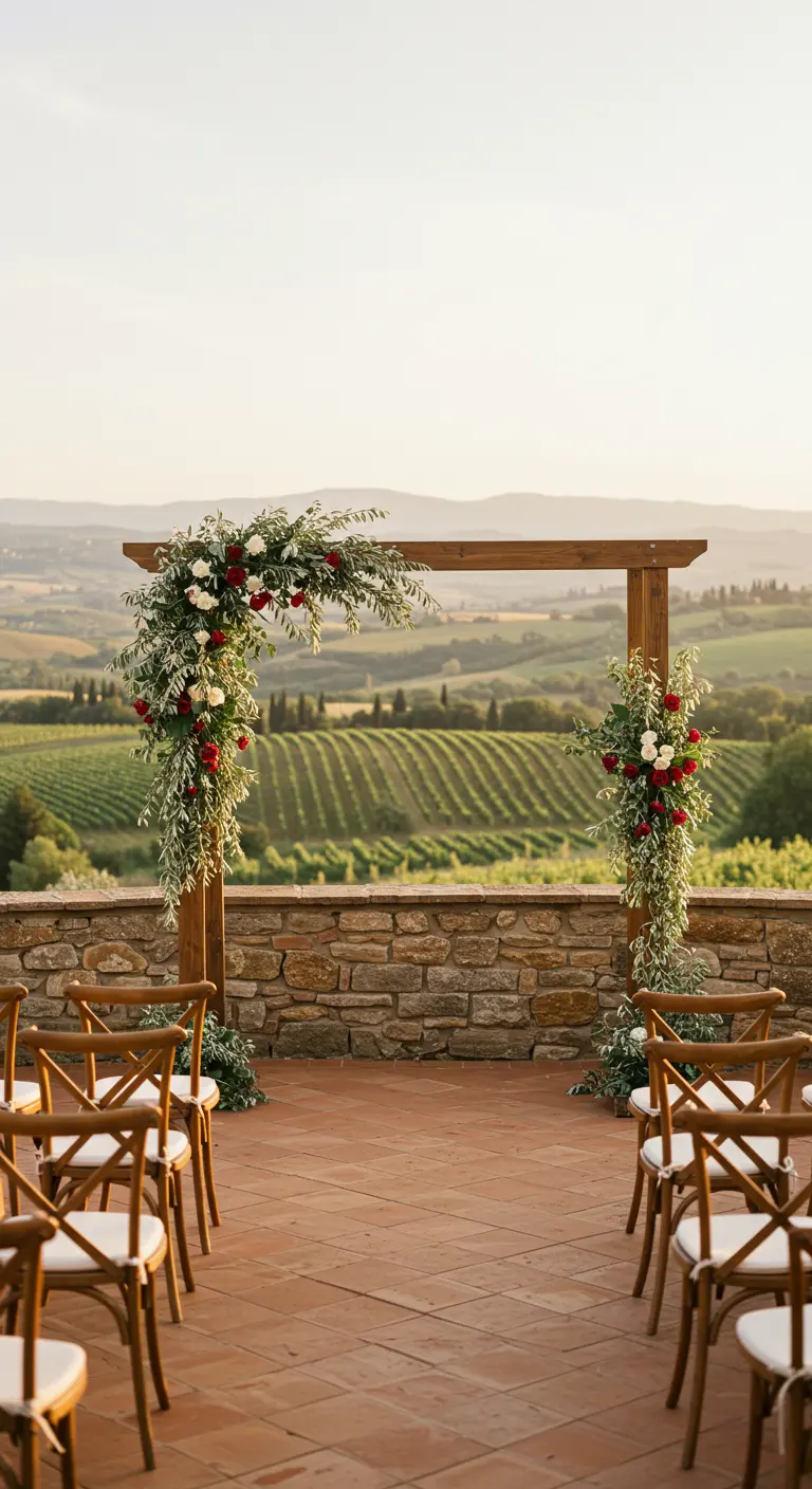 Arche de mariage en bois avec des fleurs rouges et blanches surplombant des vignobles.