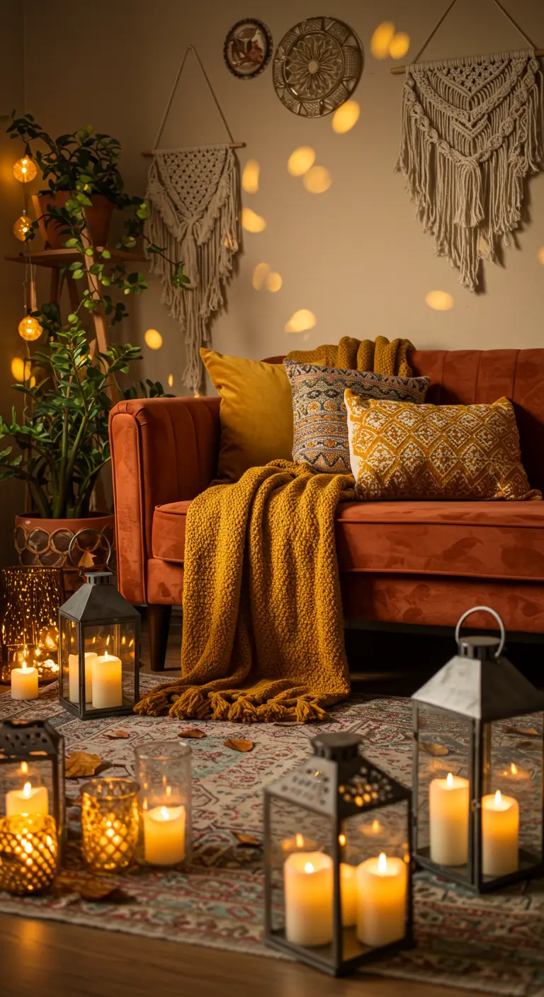 Salon bohème avec canapé terracotta, macramé et lanternes au sol.