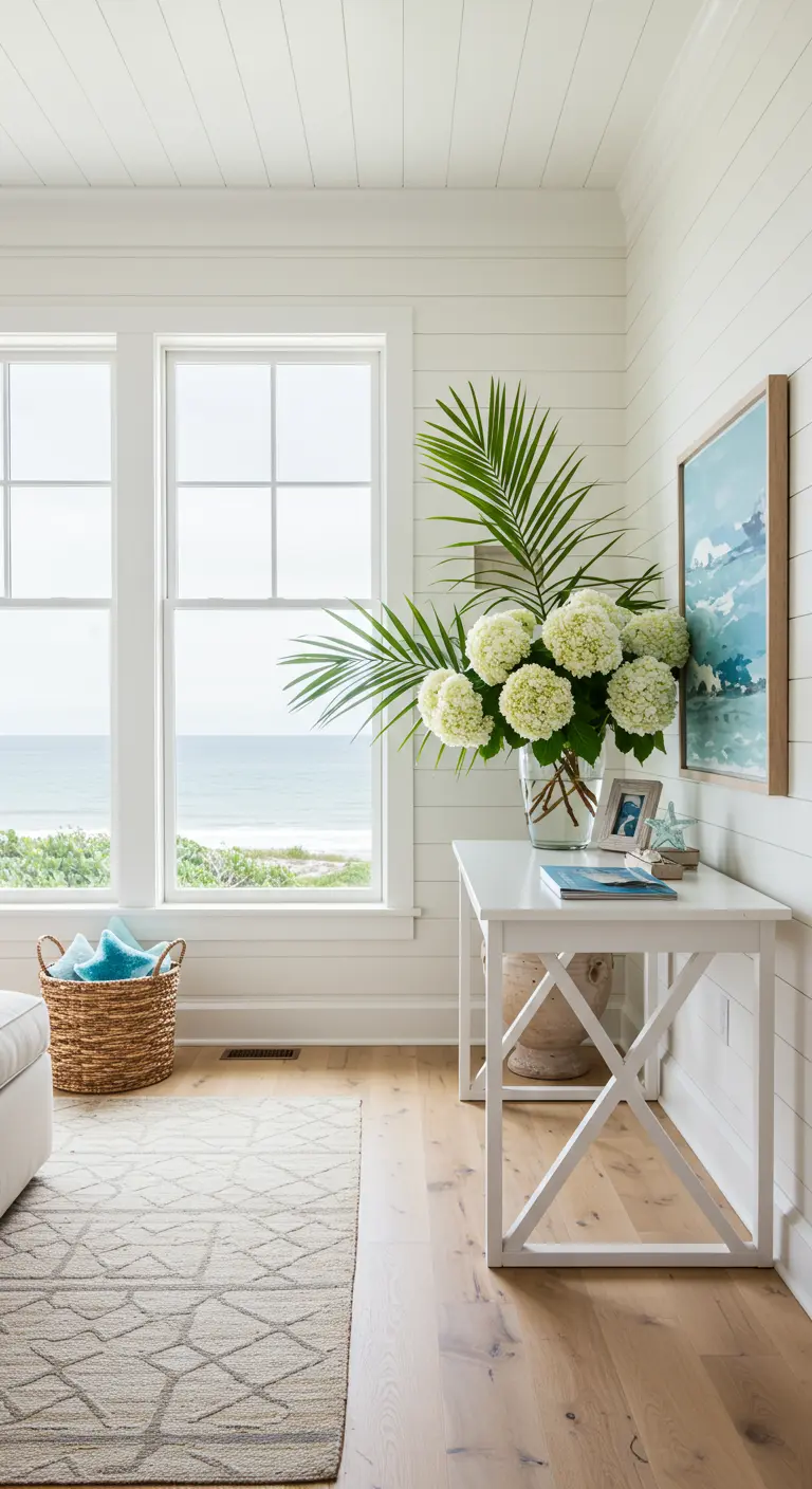 Bureau console blanc dans un intérieur de style côtier, avec un grand bouquet d'hortensias.