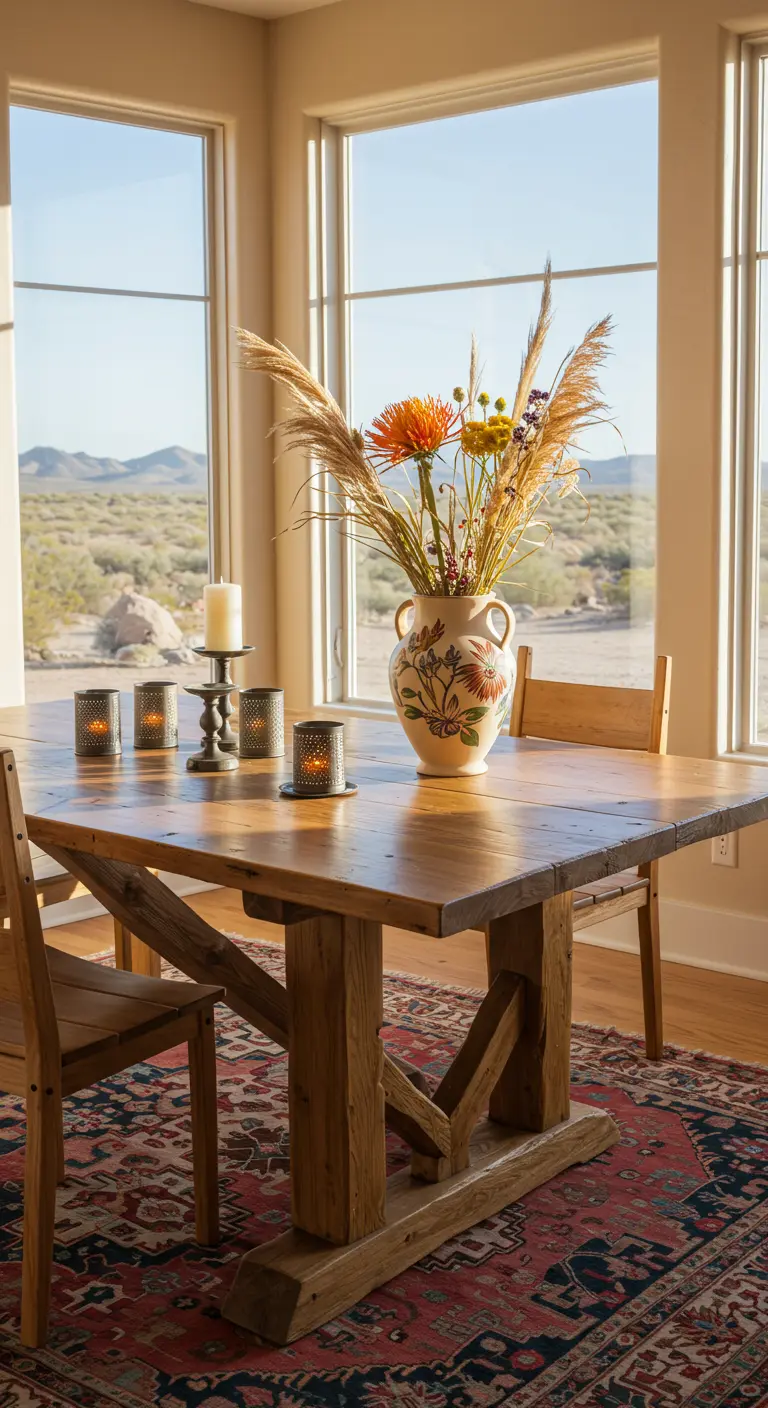 Table en bois sur un tapis persan, avec un bouquet de fleurs séchées et des photophores en métal.