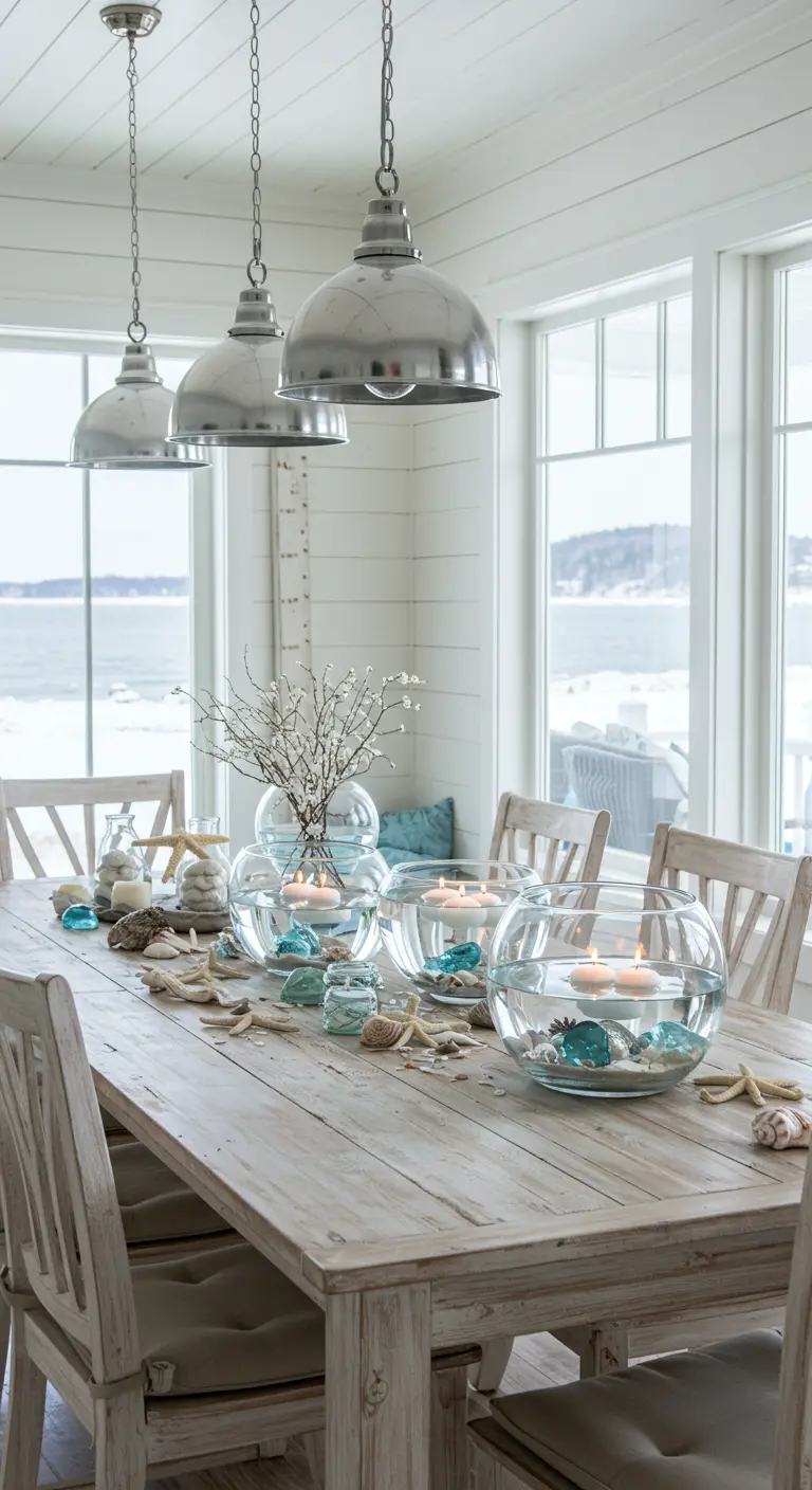 Table de style côtier avec des bougies flottantes dans des vases remplis de sable et de coquillages.