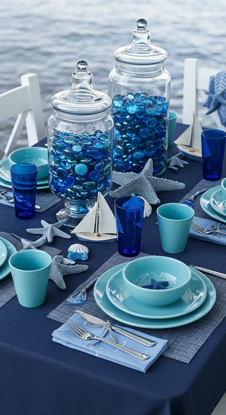 Table sur le thème marin avec une nappe bleu marine et des décorations d'étoiles de mer.