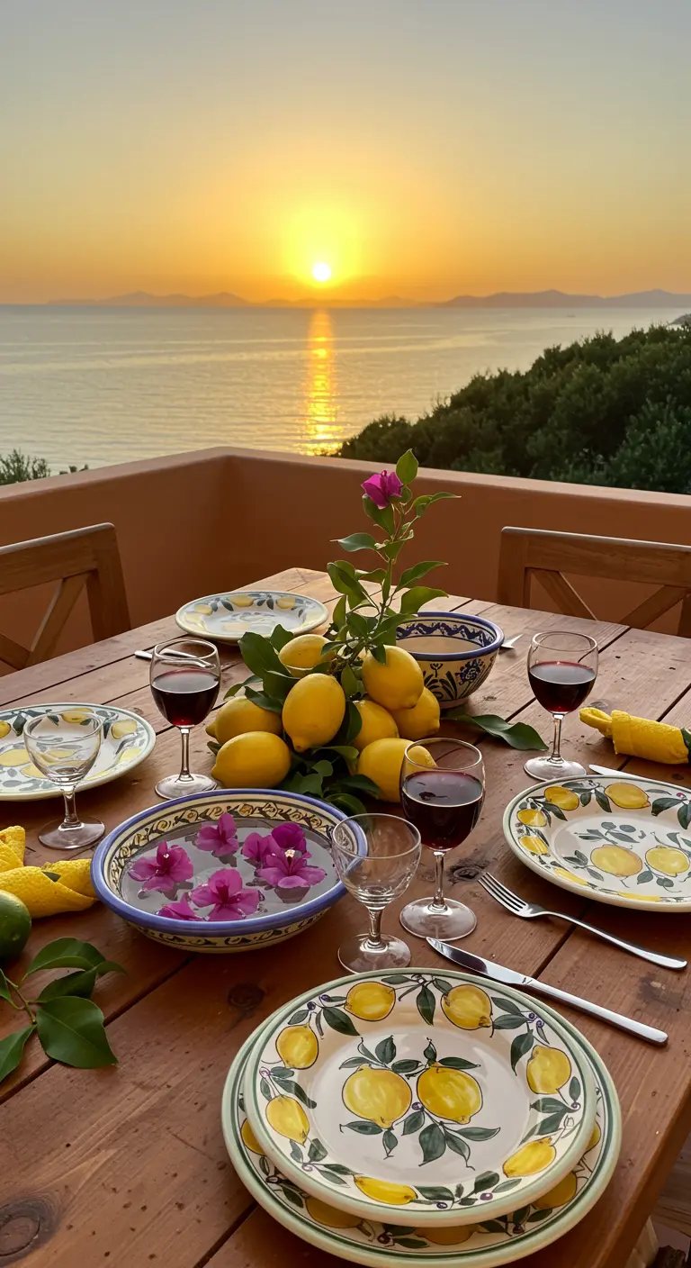 Table en bois face à la mer avec des citrons frais et leurs feuilles en guise de décoration.
