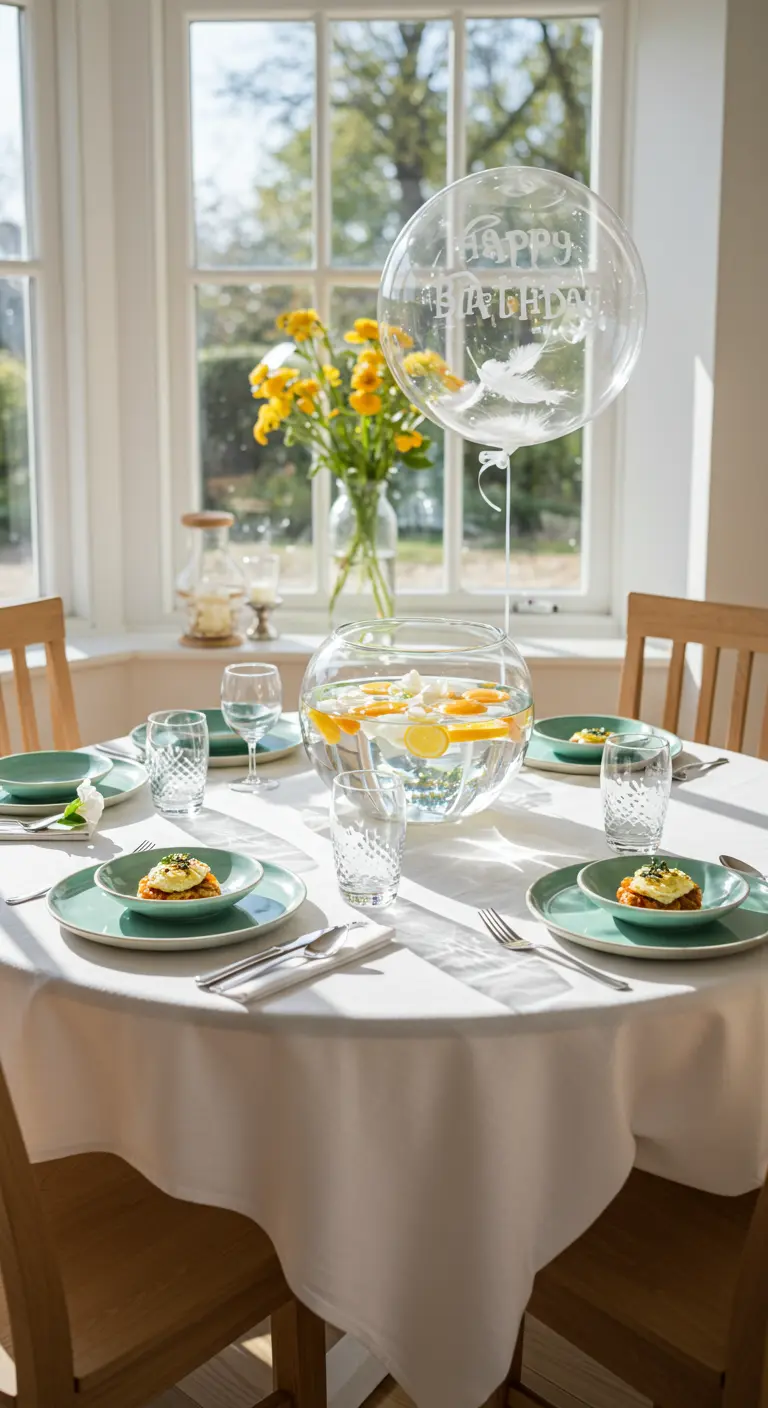 Table de déjeuner d'anniversaire lumineuse avec un centre de table aquatique et des assiettes vertes.