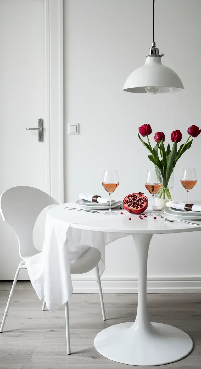 Table blanche avec des tulipes rouges et une grenade ouverte.