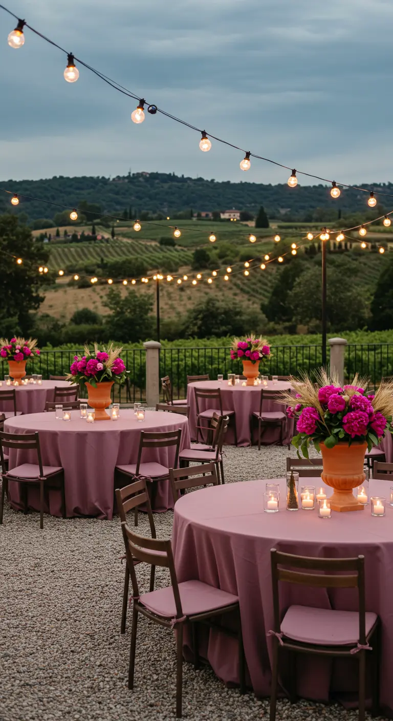 Tables rondes avec nappes roses et pivoines fuchsia dans un vignoble.